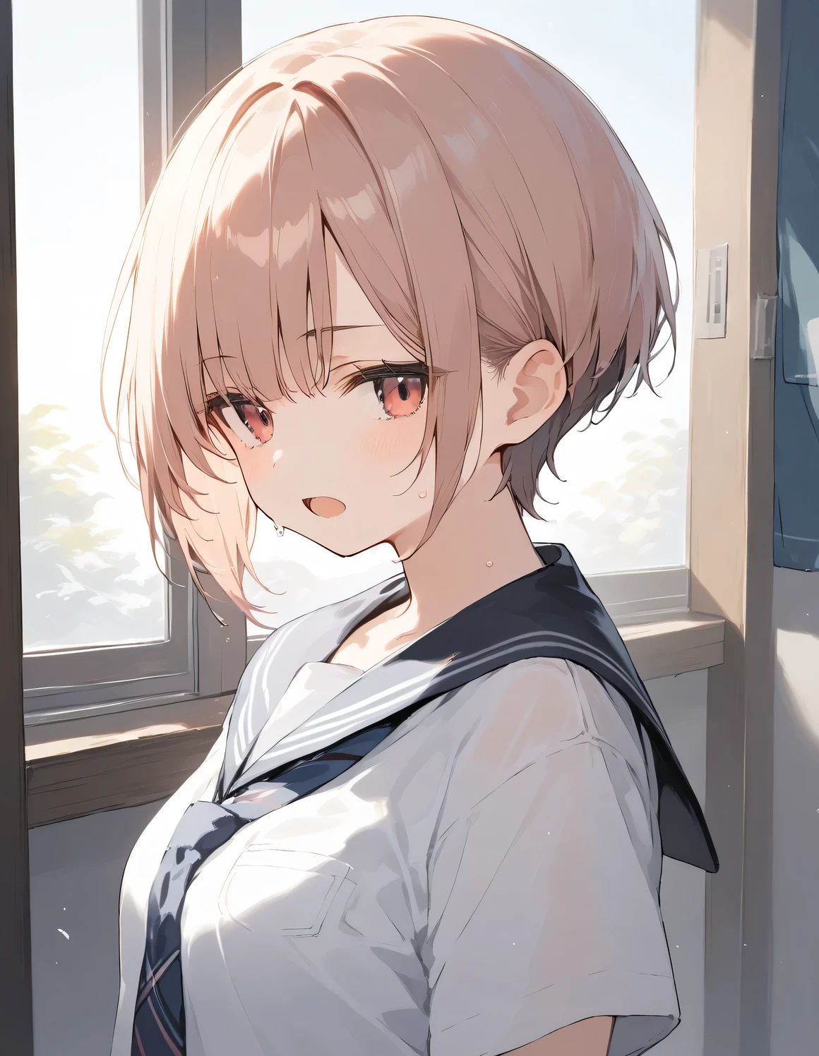 score_9, score_8_up, score_7_up, source_anime, best quality, masterpiece, official art, absurdres, highres, ultra-detailed,waifu2x,Collection: Serious Beauty,break,1girl, very short hair, pixie cut, breasts, beautiful detailed eyes, expressionless, school_uniform, underwear, bra, sweat, open mouth, (yawn:0.3), sleepily,dressing, indoors, school locker room, break,(clear line illustration:1.2), super detailed skin,very high resolution, very aesthetic, Best sexual lighting powered by famous artist, 8k, beauty illustration,photoshop_(medium),,(Detailed Lighting),best anime 8k konachan wallpaper, pixiv contest winner,