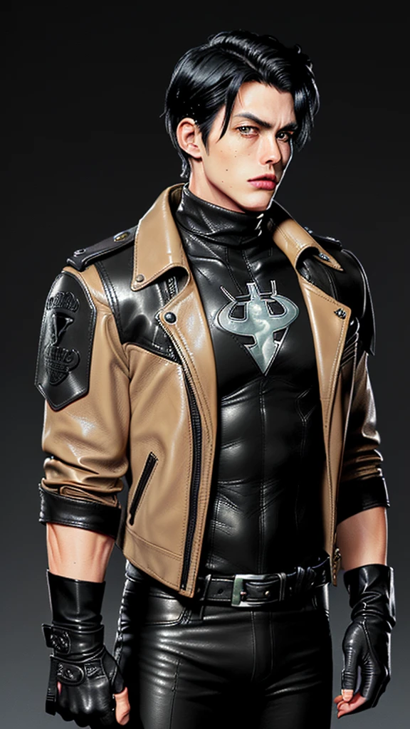 ((American comic hero)),,((jason todd)),((young cute and cool ikemen boy)),((black hair)),((very cool guy)), ((face is no paint and no mask)),,his age is early 20s, thin eyebrows and beady eyes, ((he is wearing light beige color thick leather jacket)),((jacket is single-brest, and no hoods)),((leather jacket is long sleeve)),((jacket sleeve color is beige too)), ((jacket color is beige only,no other colors)),((inner wear is black shiny color and very thick,and high turtleneck collar tactical combat vest)),((chest area on a red color bat illustration)), ((must put on tight dark gray color leather pants)),((put on black color and full finger leather glove on both hands)),,((black color middle length leather boots)),((Japanese style character)),((must put on a leather full finger glove)),((full finger glove)),((cool atmosphere)),((dont show finger))