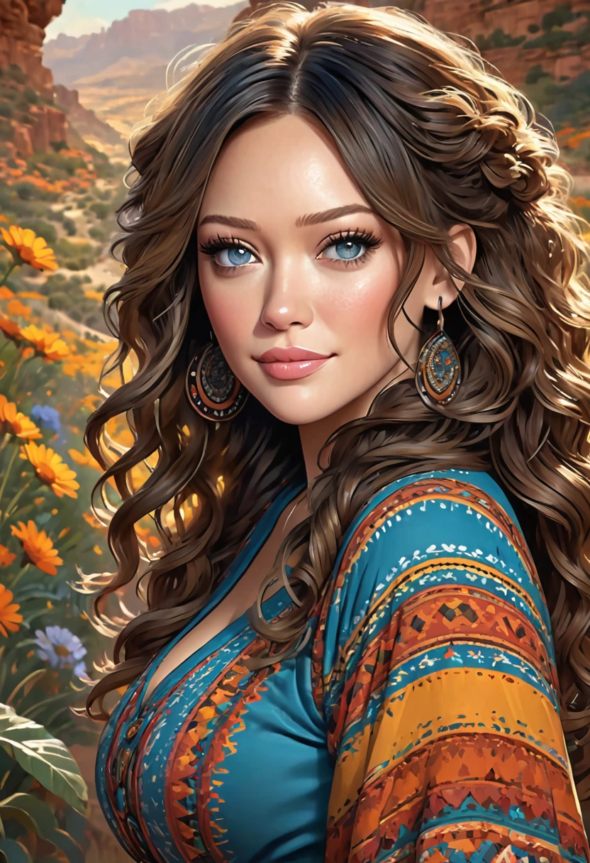Thirst trap. A beautiful gypsy boho woman with large thick and wide beautiful lips with the appearance of Masiela Lusha, thick hips, thin waist, deep and wide breasts. Hourglass figure, with hair that is coarse, wiry, and tightly curled. It often has a rough texture, feels stiff to the touch, and may be prone to frizz and tangling. curls can be densely packed. Looking at viewer with love. Long southwestern style dress, hoop earing and jewelry. Wearing a gypsy dress with Skirts and scarves billowing in breeze. The Official Art – An Award-Winning Digital Masterpiece In 4K Ultra HD, Extreme Detail And Intricate Realism. This Concept Art Brought To Life By The Hands Of Artists Like Wlop & Artgerm In A Stunning 2D Vector Illustration. . massive, perky, perfect spheres, firm, voluptuous, cleavage, full, well shaped pleasing breasts. buxom. Background is a panoramic vista of redrock canyon with a beautiful blue river running through it.