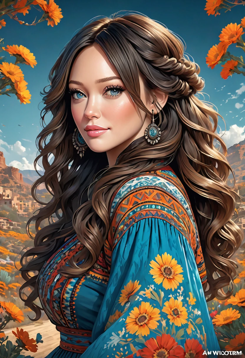 Beautiful boho women stunning merge of Hilary Duff. with southwestern style dress. . dark-black colored hair that is coarse, wiry, and tightly curled. It often has a rough texture, feels stiff to the touch, and may be prone to frizz and tangling. The curls can be densely packed. The Official Art – An Award-Winning Digital Masterpiece In 4K Ultra HD, Extreme Detail And Intricate Realism. symmetrical face. This Concept Art Brought To Life By The Hands Of Artists Like Wlop & Artgerm In A Stunning 2D Vector Illustration. large, perky, full, vuluptious, symmetrical and spherical breasts. Background is a panoramic vista.
