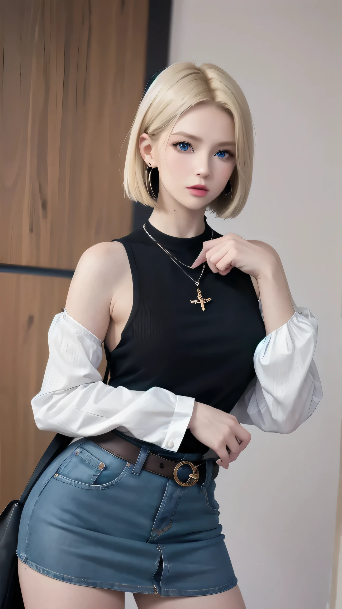android 18, hair blonde, blue colored eyes, eyelash, hoop earings, shorth hair, earring bring, black stocking, Black chemise, handbag de cima, neckleace, clavicle, JEANS, JEANS skirt, overskirt de cintura alta, jewerly, long sleeves, handbag, chemise, chemise tucked in, overskirt, striped, striped sleeves, waistcoat,