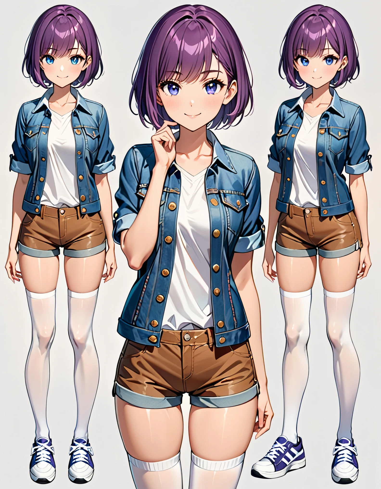 (masterpiece), (best quality), (highres), 1girl, solo, highly detailed, bangs, blue eyes, perfect eyes, beautiful detailed eyes, beautiful detailed face, cute face, perfect legs, perfect arms, perfect hands, complete fingers, perfect anatomy, perfect proportions, medium breasts, (brown shorts, short shorts), collared shirt, (denim jacket), looking at viewer, (red necktie), open clothes, outdoors, purple hair, shirt, shoes, short hair, short sleeves, shorts, smile, sneakers, casual, smile, single, standing, (thighhighs, white legwear), white shirt, full body with costume, Simple background, Multiple Views, Character Sheet Full-Length.