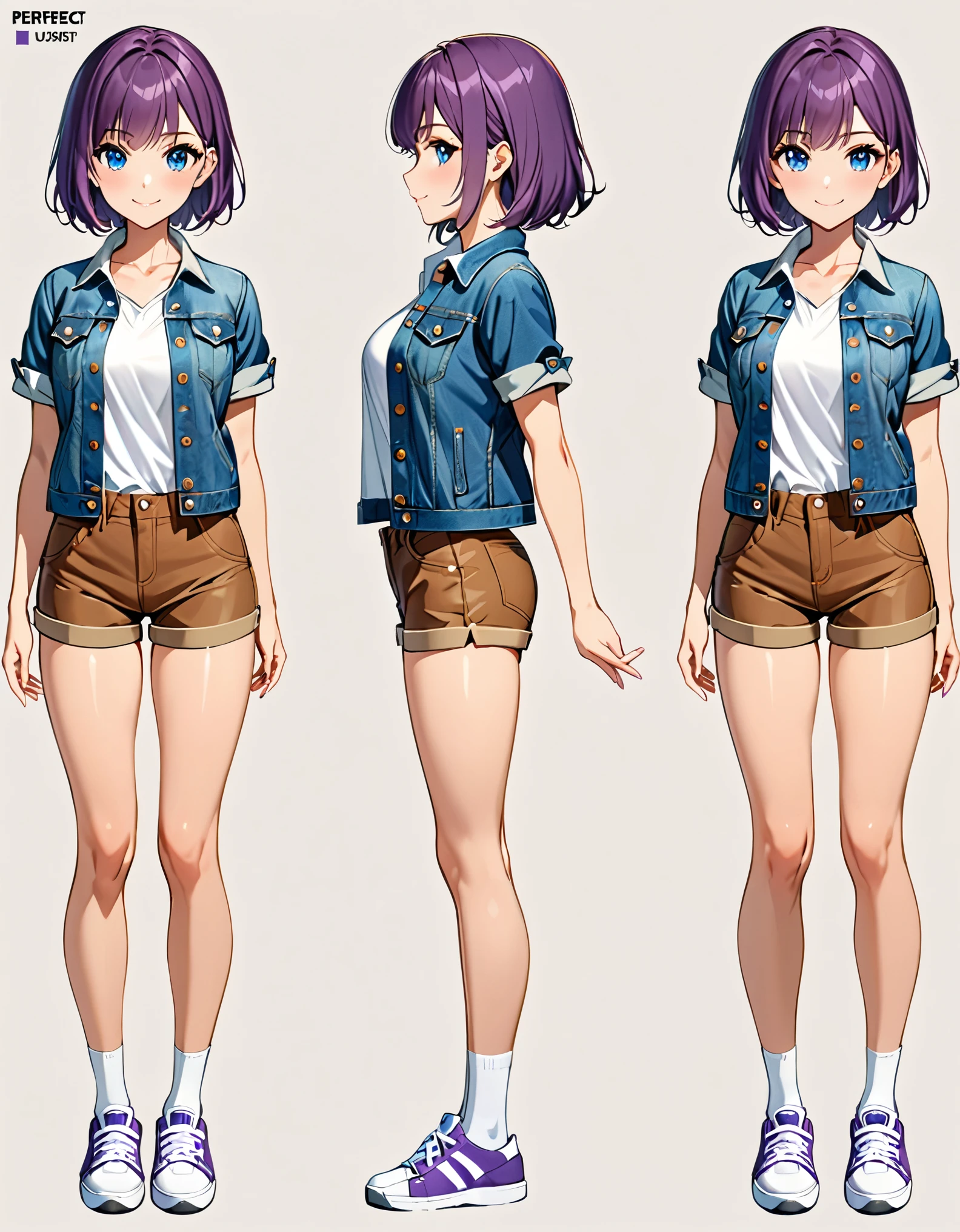 (masterpiece), (best quality), (highres), 1girl, solo, highly detailed, bangs, blue eyes, perfect eyes, beautiful detailed eyes, beautiful detailed face, cute face, perfect legs, perfect arms, perfect hands, complete fingers, perfect anatomy, perfect proportions, medium breasts, (brown shorts, short shorts), collared shirt, (denim jacket), looking at viewer, (red necktie), open clothes, outdoors, purple hair, shirt, shoes, short hair, short sleeves, shorts, smile, sneakers, casual, smile, single, standing, (thighhighs, white legwear), white shirt, full body with costume, Simple background, Multiple Views, Character Sheet Full-Length.
