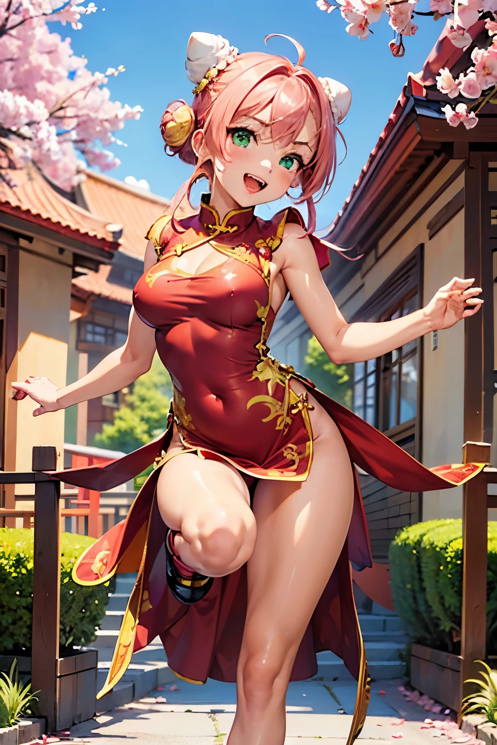 best quality, (masterpiece:1.3), absurdres, highres,16k, ultra high res, official art, illustration,extremely detailed, 1girl, solo, full body, 20yo,
delicate lines tailed face,(top knot bun :1.5), (parted bangs:1.2),
(beautiful pink hair:1.2), (shiny hair:1.2), (beautiful green eyes:1.2), (shiny eyes:1.2), (large breasts), (gleaming skin:1.4),
looking at viewer, from abobve,
(dynamic pose), ((one leg up)), (kick to viewer:1.5), (((cross arms in front:1.5))),
(((laugh with open mouth)))
((red china dress), ((gold dragon) printed china dress):1.2), (white panties)
(cherry blossoms, Chinese style houses)