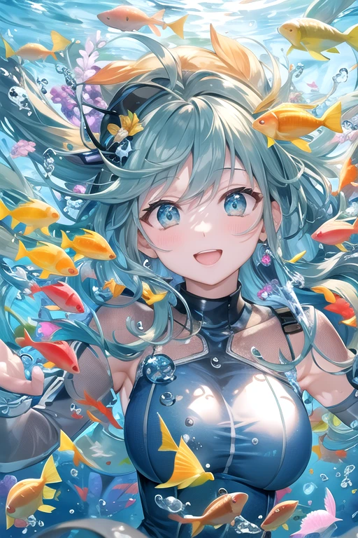 ((scuba diving))、((Highest quality))、((masterpiece))、(detailed)、((Anatomically correct))、(High resolution、8k)、(Beautiful Skin:1.1)、One woman、Look at me、(Beautiful eyes:1.2)、smile、Open your mouth wide、whole body、Cleavage、Blue transparent sea、Sea、Dynamic composition、Beautiful light、water flowing、Colorful Fish、seabed