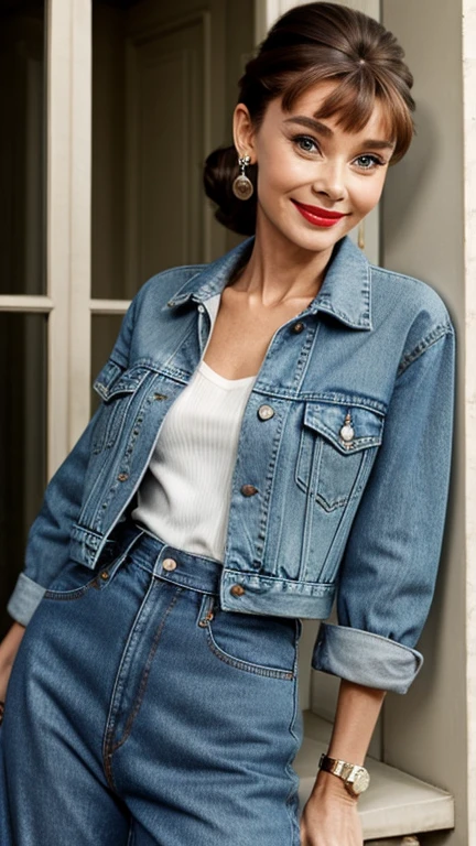 Audrey Hepburn wearing sexy denim clothes with lipstick and smiling