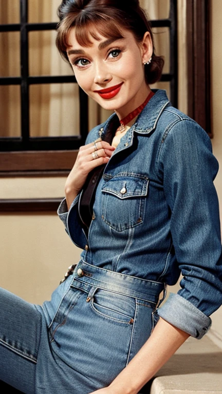 Audrey Hepburn wearing sexy denim clothes with lipstick and smiling