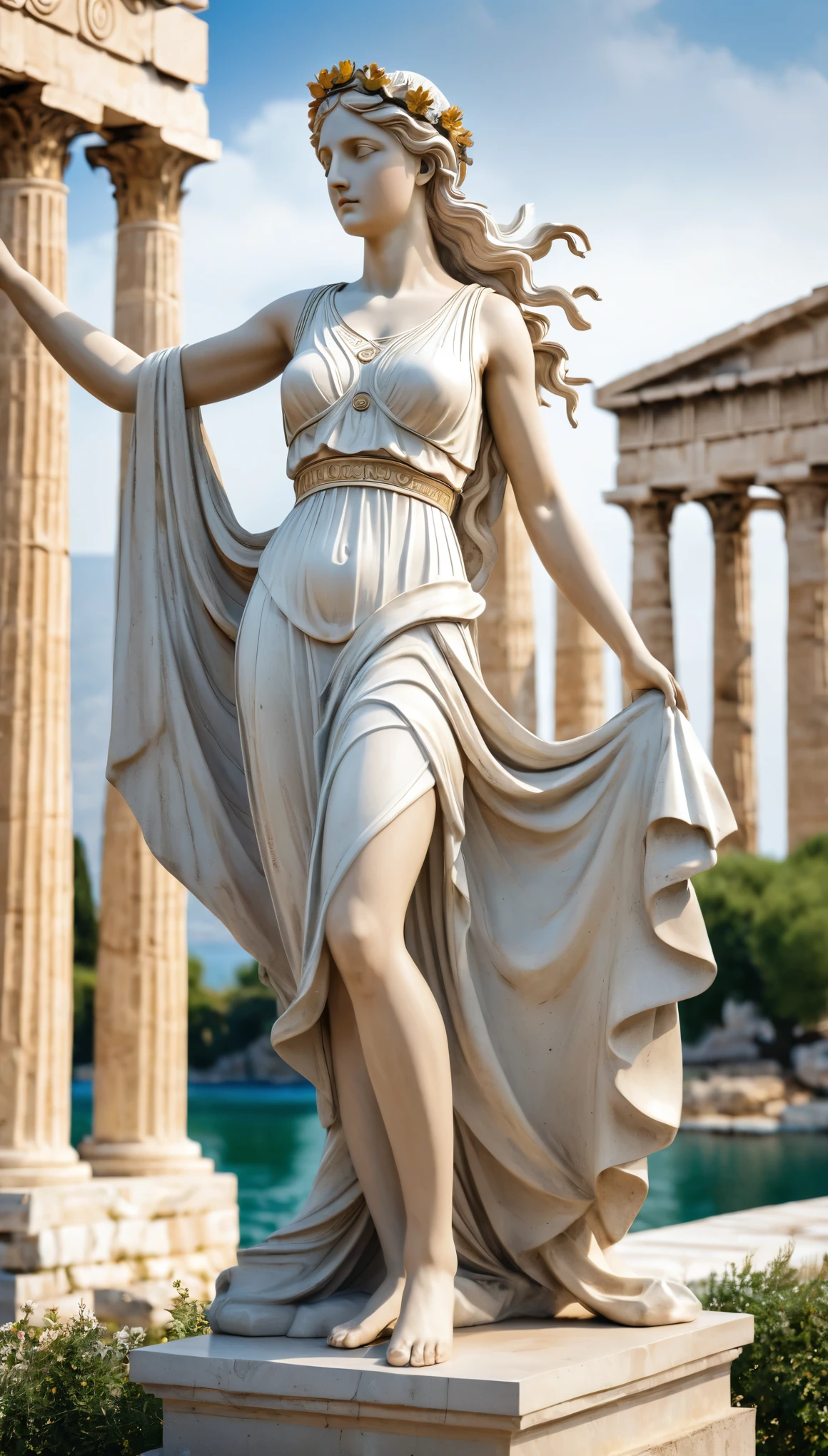 (8k, Highest quality, masterpiece)，(Realistic, RAW Photos, Super Fine Clear), Realistic Light, Detailed skin, Beautiful girl sculpture, Stone statue, ((25 year old girl, Goddess of victory, Statue of Nikke from Greek mythology:1.5)), Thin legs, fine grain, Long white hair, Detailed fingers, thin, Sexual, Ecstasy Facial Expressions, (Super big bouncy and firm bust), , (Ancient Greek Dresses), (garden, Flower Storm), Lakeside palace, Parthenon temple, (art:1.5)