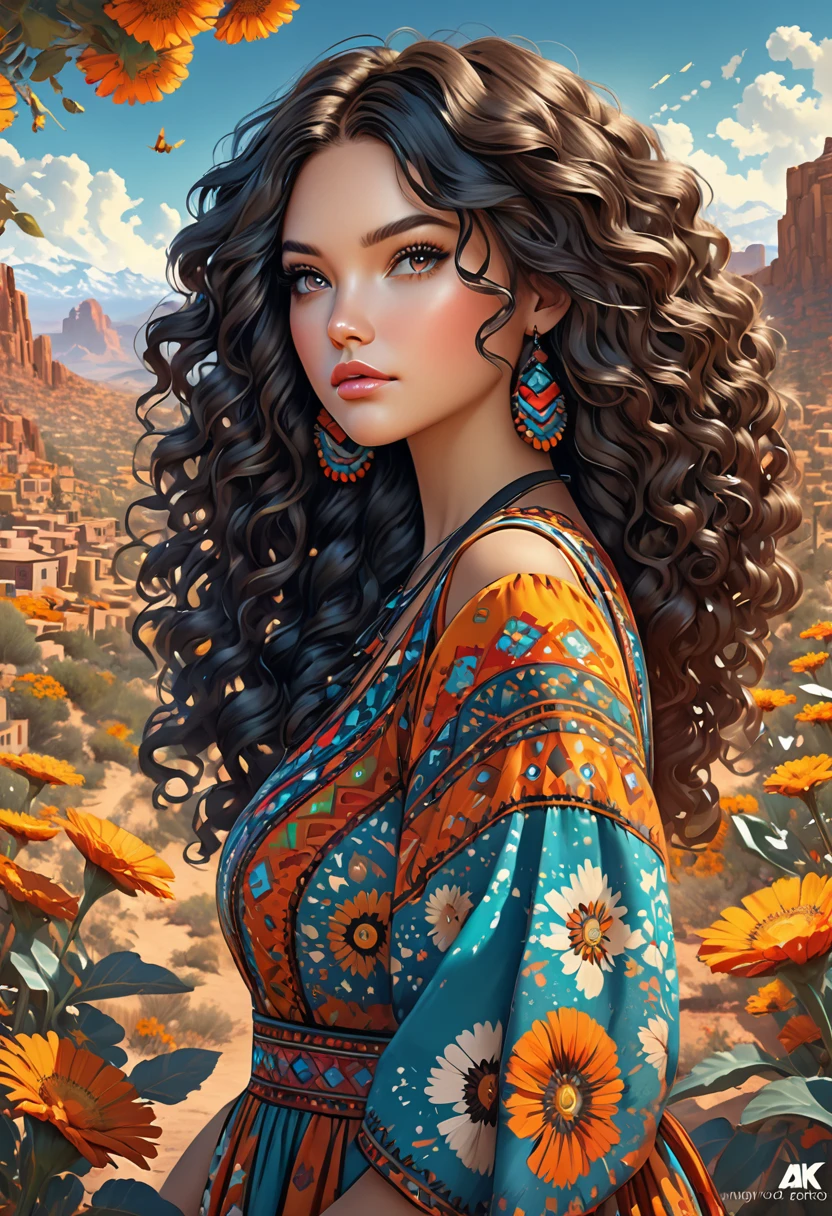 Beautiful boho women stunning merge of Skylar Samuels. with southwestern style dress. . dark-black colored hair that is coarse, wiry, and tightly curled. It often has a rough texture, feels stiff to the touch, and may be prone to frizz and tangling. The curls can be densely packed. The Official Art – An Award-Winning Digital Masterpiece In 4K Ultra HD, Extreme Detail And Intricate Realism. symmetrical face. This Concept Art Brought To Life By The Hands Of Artists Like Wlop & Artgerm In A Stunning 2D Vector Illustration. large, perky, full, vuluptious, symmetrical and spherical breasts. Background is a panoramic vista.