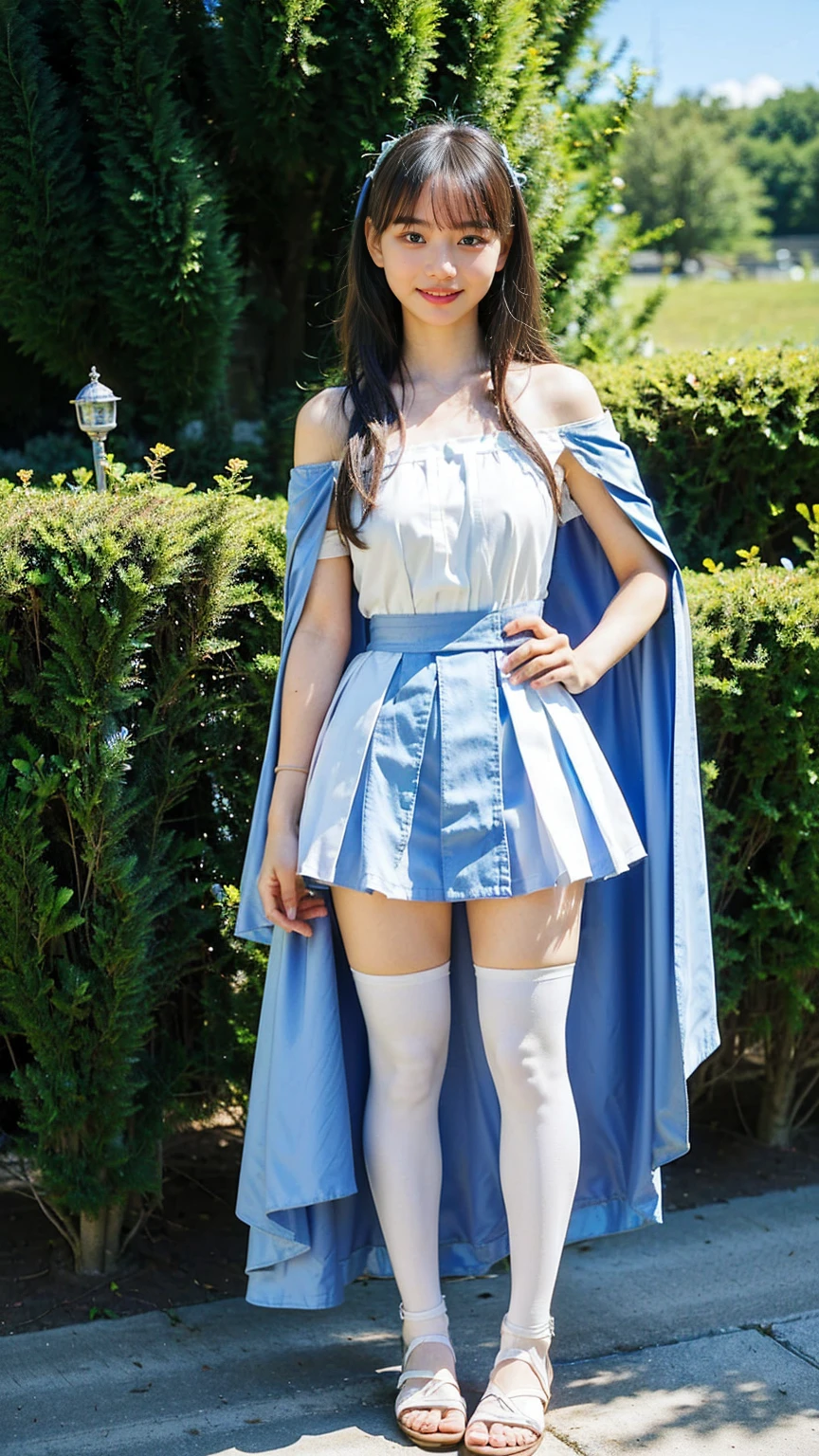 (8k、RAW Photos、Highest quality、masterpiece:1.2)、(Realistic、Realistic)、1 Girl、((Light blue and white dress、smile、mini skirt、Off the shoulder、Magical Girl Costumes、With ribbon、Exposed Skin、Medium Hair、whole body、tights、Sandals、Cape、garden、View from the front、Looking at the camera、Stand with hands on hips))、cute