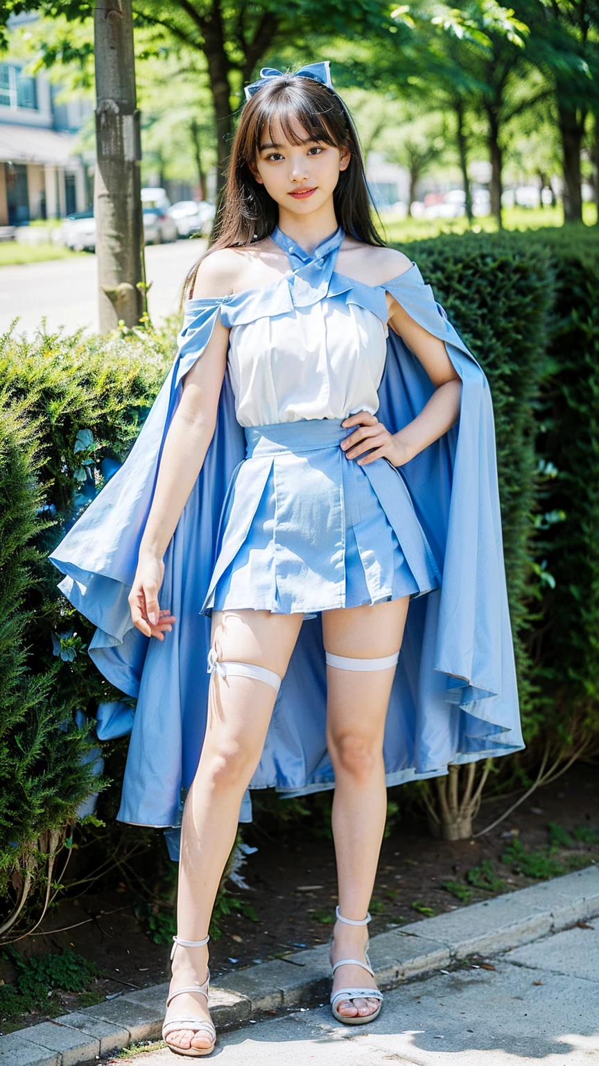 (8k、RAW Photos、Highest quality、masterpiece:1.2)、(Realistic、Realistic)、1 Girl、((Light blue and white dress、smile、mini skirt、Off the shoulder、Magical Girl Costumes、With ribbon、Exposed Skin、Medium Hair、whole body、tights、Sandals、Cape、garden、View from the front、Looking at the camera、Stand with hands on hips))、cute