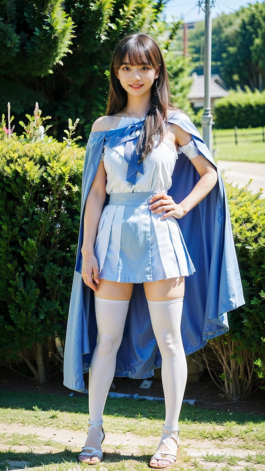 (8k、RAW Photos、Highest quality、masterpiece:1.2)、(Realistic、Realistic)、1 Girl、((Light blue and white dress、smile、mini skirt、Off the shoulder、Magical Girl Costumes、With ribbon、Exposed Skin、Medium Hair、whole body、tights、Sandals、Cape、garden、View from the front、Looking at the camera、Stand with hands on hips))、cute