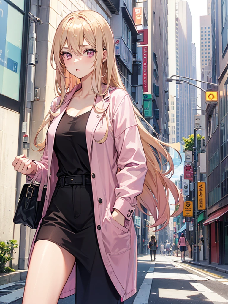 (((Adult woman))), pink eyes, long blonde hair, casual clothes, city morning