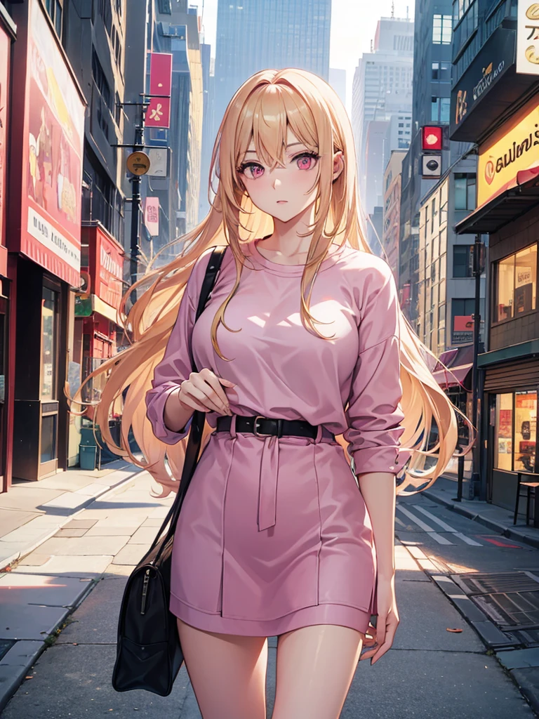 (((Adult woman))), pink eyes, long blonde hair, casual clothes, city morning