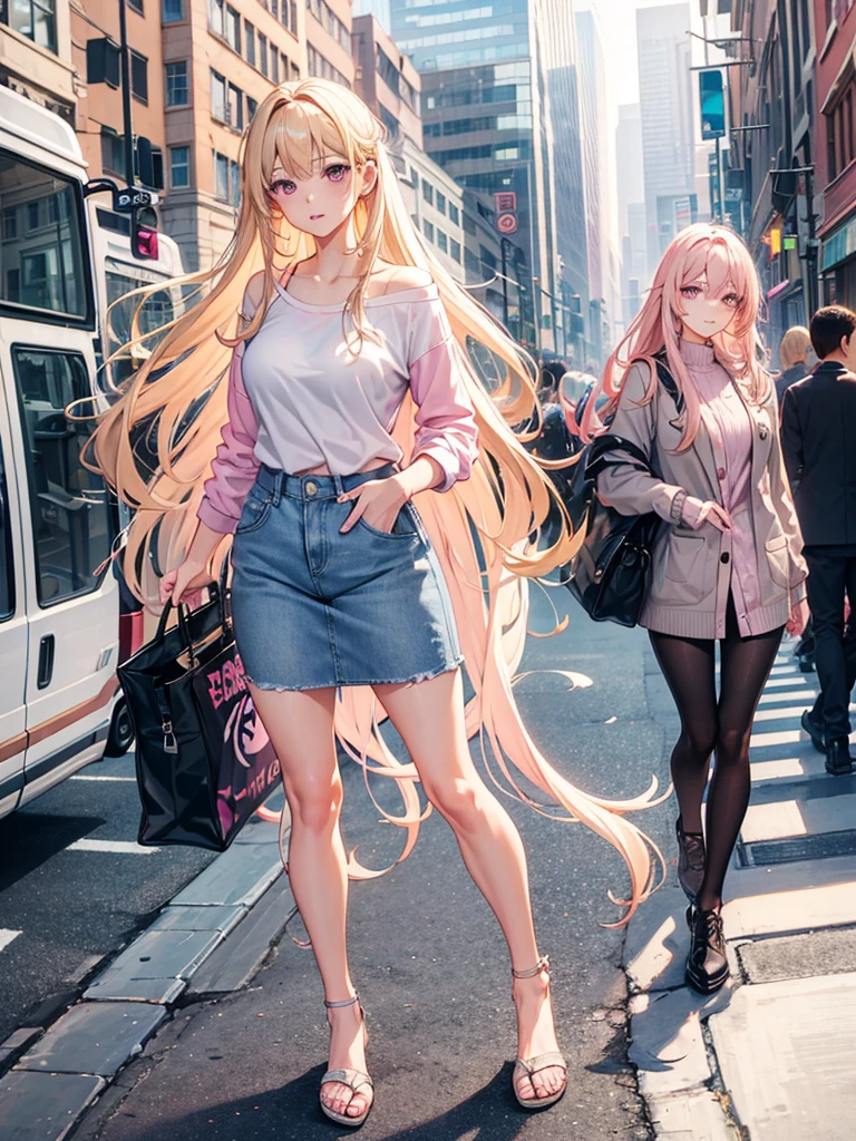 (((Adult woman))), pink eyes, long blonde hair, casual clothes, city morning