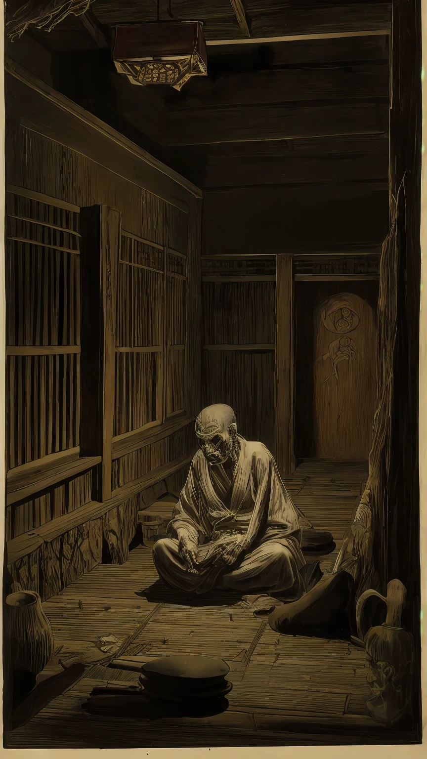 A traditional Japanese yokai named "Akaname" with long hair, humanoid appearance, licking the grime in a dark, old-fashioned bathhouse, eerie and unsettling atmosphere, detailed and intricate design, Edo period style, supernatural aura, night-time setting
