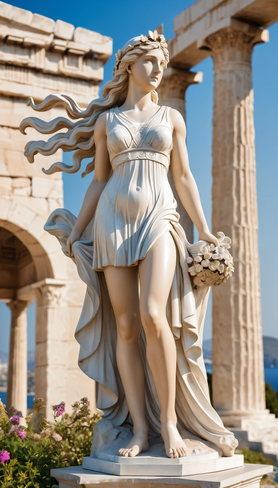 (8k, Highest quality, masterpiece)，(Realistic, RAW Photos, Super Fine Clear), Realistic Light, Detailed skin, Beautiful girl sculpture, Stone statue, ((25 year old girl, Goddess of victory, Statue of Nikke from Greek mythology:1.5)), Thin legs, fine grain, Long white hair, Detailed fingers, thin, Sexual, Ecstasy Facial Expressions, (Super big bouncy and firm bust), , (Ancient Greek Dresses), (garden, Flower Storm), Lakeside palace, Parthenon temple, (art:1.5)