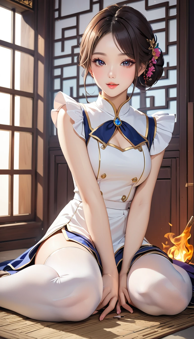 (masterpiece,Highest quality,Ultra-high resolution),Chinese women, (((Very beautiful 25 year old girl))), pretty girl、Look at the photographer、 ((Beautiful hairstyle)), Very cute face, Glossy Lips, Double eyelids on both eyes,Natural smile、 Natural Makeup, Long eyelashes, Shiny and smooth hair、Center image, Perfect limbs, Perfect Anatomy,(((Princess Sleeveless Uniform)))、,(Incense burning room),,look