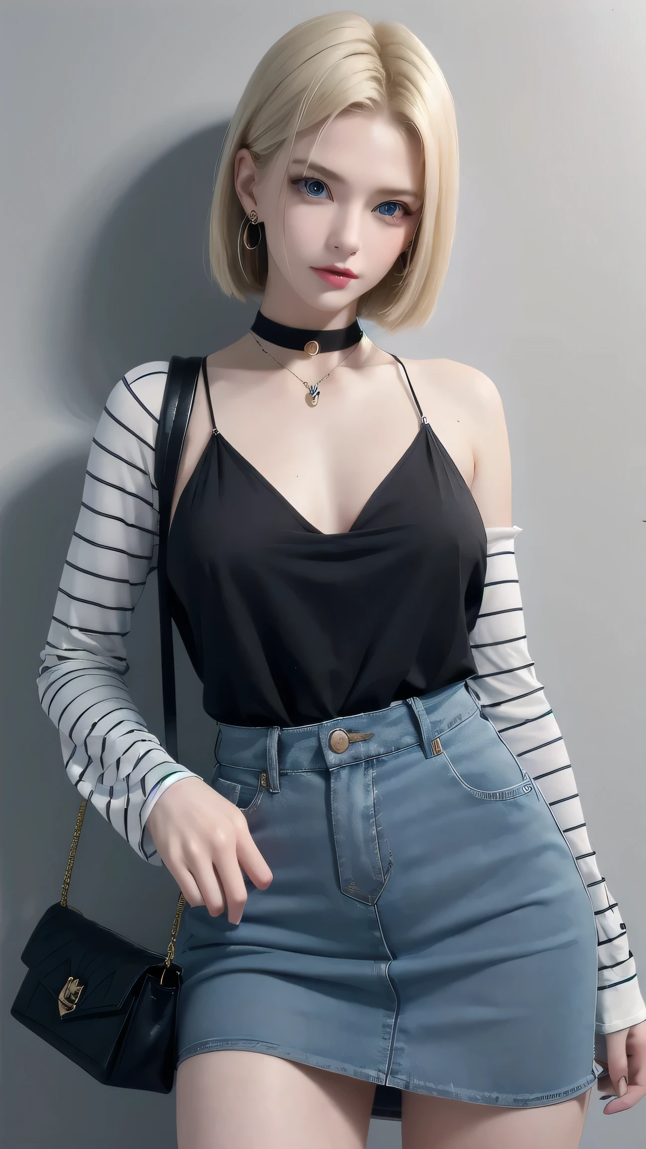 android 18, hair blonde, blue colored eyes, eyelash, hoop earings, shorth hair, earring bring, black stocking, Black chemise, handbag de cima, neckleace, clavicle, JEANS, JEANS skirt, overskirt de cintura alta, jewerly, long sleeves, handbag, chemise, chemise tucked in, overskirt, striped, striped sleeves, waistcoat,