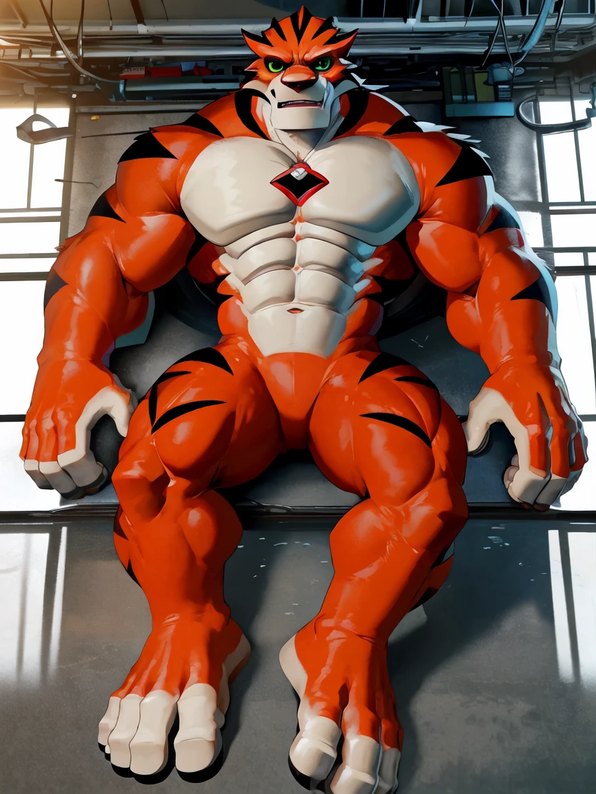 best quality,1boy,solo,muscular male,hi res,8k hd,looking at viewer,arms_raised,(by cartoon-network,takahirosi:1.5),masterpiece,best quality,(rath_(ben_10),orange skins):0.9,solo,hi res,8k hd,((nudiest:1.7)),green eyes,full body shot,((show legs&feet)),white ground background,(((rugged body,wide_chest,wide_abs,wide_legs,wide_feet,big muscular,better eyes,better pupils))),laying_down