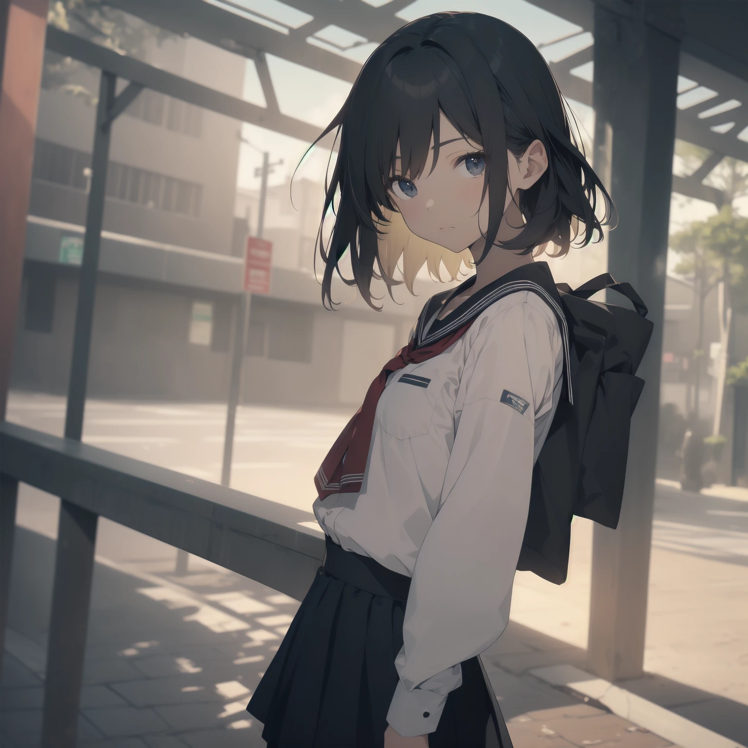 ultra-absurdres-Top quality by artist God, ultra-detailed, high resolution, anime moe artstyle, best anime 8k konachan wallpaper, pixiv contest winner, pool:2810, perfect anatomy,break, 1girl, (Please draw a girl walking sleepily to school alone. )break,(Solo,little female, 13-year-old:1.3),Full limbs, complete fingers,a junior high school student, (very short hair), short cut, flat chest, , small butt, small black eyes, beautiful detailed eyes, well-proportioned iris and pupils, expressive eyes, highres detailed hair, soft expression, salor school_uniform, sailor collar, serahuku, bow, pleated skirt,(Detailed Lighting), (Detailed background), in the School commute route. break,super detailed skin, Best cinematic lighting powered by famous artist, 8k,beauty illustration,photoshop_(medium),very aesthetic,break,((artist:zen_(kamuro) )), artist:clamp ,artist:carnelian ,artist:kantoku ,