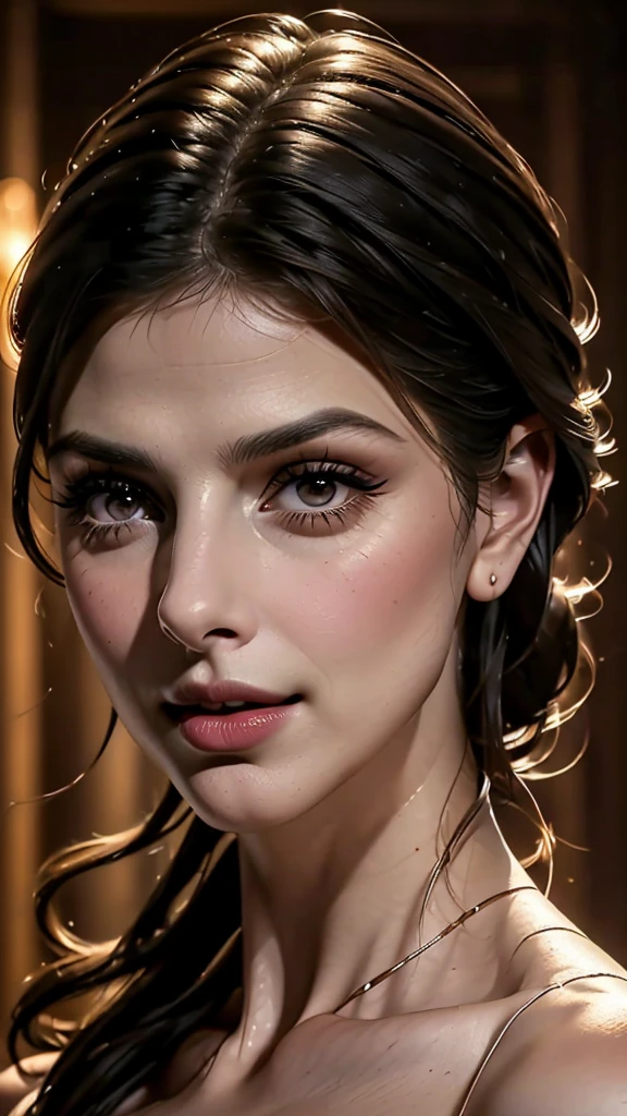 Close up, (Morena Baccarin, detailedeyes, curved eyelashes, sensual mouth with deep details, highly detailed kinetic face, highly detailed skin with depths, long  hair, perfection), ultra-realistic image, perfect symmetry, vibrant and clear, dynamic view, high level of detail and definition, 1200 PPI - Photographic resolution with greater color realism, hyperrealisti, high fidelity, cinematic, 8K UHD image resolution.