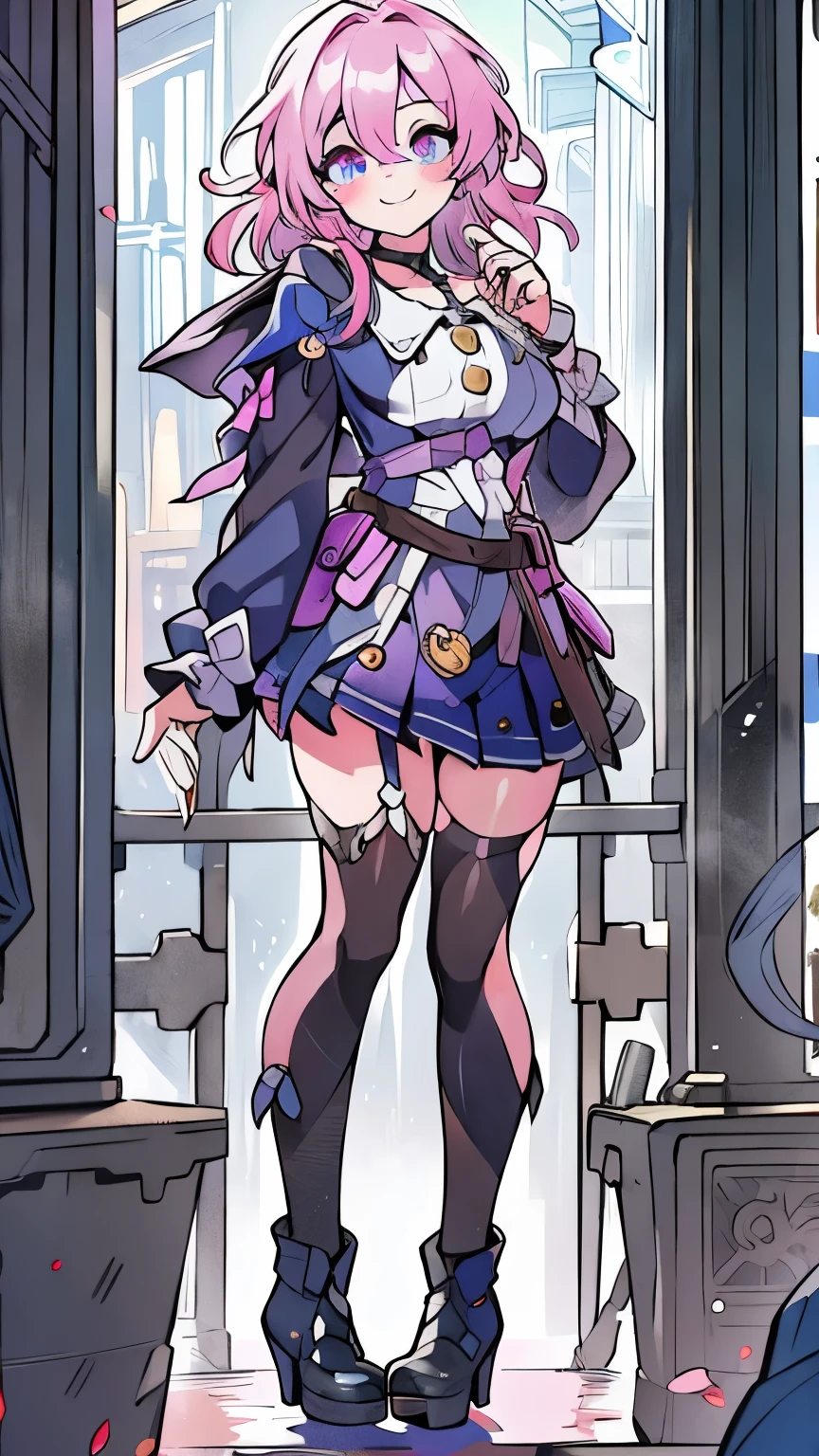 (masterpiece), best quality, expressive eyes, perfect face, 1 girl, solo, march seventh, blue eyes, hair between eyes, medium hair, pink eyes, pink hair, two-tone eyes, ankle boots, archery shooting glove, badge, bare legs, black choker, black corset, black footwear, black gloves, blue jacket, blue skirt, boots, button badge, buttons, choker, collarbone, corset, earrings, flower ornament, gloves, high heel boots, high heels, jacket, jewelry, long sleeves, miniskirt, partially fingerless gloves, pleated skirt, shirt, single earring, single glove, skirt, thigh strap, tied jacket, underbust, white shirt, smiling, city, background, futuristic city, standing, knees up, upper body, portrait, looking at the viewer