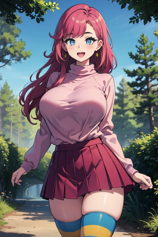 masterpiece, best quality, pgirl, earrings, pink sweater, pink skirt, striped thighhighs, huge breasts, :D, looking at viewer, upper body, forest, blue sky