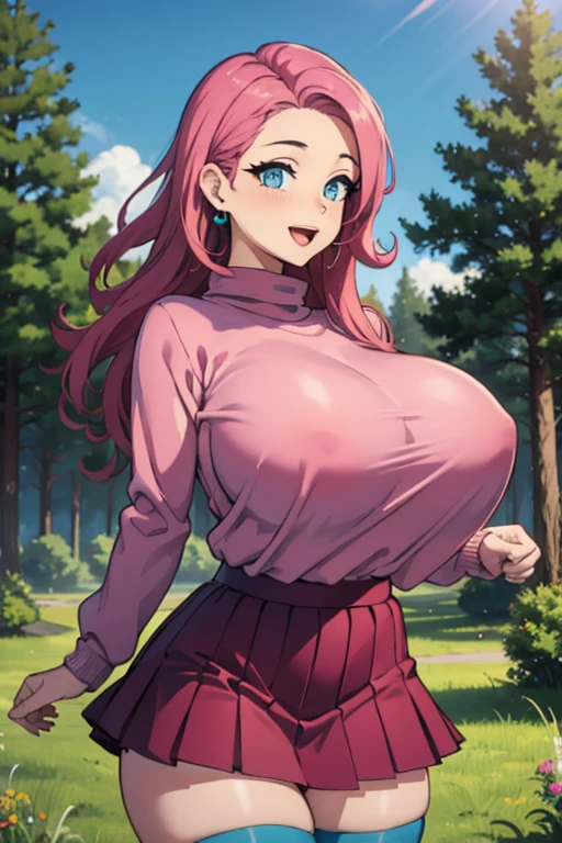 masterpiece, best quality, pgirl, earrings, pink sweater, pink skirt, striped thighhighs, huge breasts, :D, looking at viewer, upper body, forest, blue sky