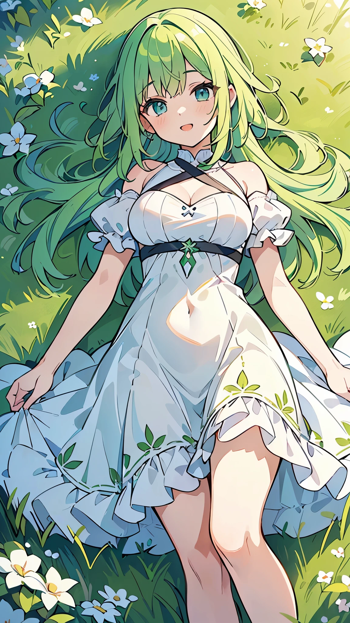 ((A Pretty girl with green hair and blue eyes lying on the grass field)), ((wearing the white one-piece dress)), spreading both arms, reach out both hands to viewer, Baby face, ((top-quality, master piece, ultra-definition, high resolution)), anime girl, ((ultra-detailed illust:1.2)), only one person, bangs, hair between eye, beautiful hair, Shiny eyes, medium breasts, Big smile, opened mouth