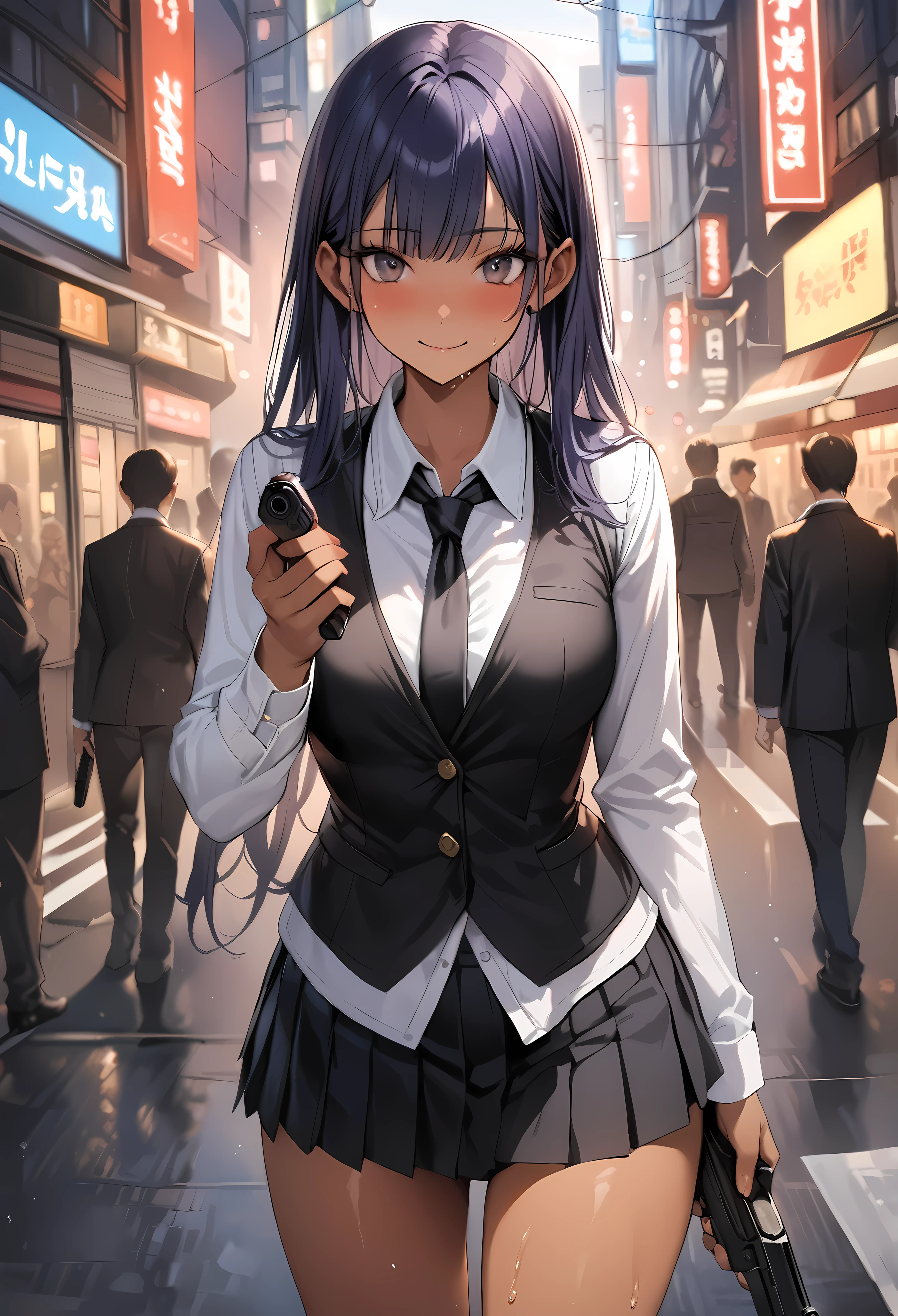 ((masterpiece,Highest quality:1.3,best quality illustration)),realistic,cowboy shot,1woman,(22 year old beauty),((very small head:1.4)),ideal ratio body proportions,dark blue hair,straight long hair,bangs,black eyes,gorgeous big eyes,blush,smile,((tan skin,skinny)),(Black vest、Black tie、White collared shirt、Long sleeve、Black pleated mini skirt)),medium breasts,gleaming skin,slender body,sweat,A detailed depiction of a handgun in hand,on street,Shinjuku、Tokyo、