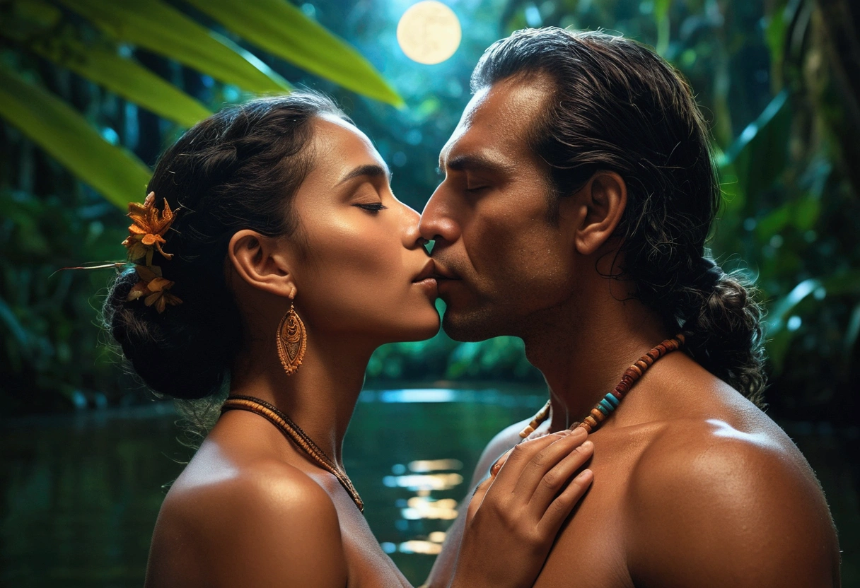 A cinematic poster for "In the foreground, a woman with indigenous Brazilian features and a tall man are naked, kissing and embracing each other lovingly. Lips touching, they are immersed up to their chests in the crystal clear waters of the Amazon River. The scene shows their connection, with the gentle ripples of the river and the soft moonlight illuminating their skin. In the background, a festive, tree-lined city is illuminated by colorful lights, showing the lively atmosphere of a festive night. The contrast between the couple's serene moment and the vibrant city adds depth to the image, making it romantic and lively. hair free. A detailed and cinematic portrait of a couple with indigenous Brazilian features, at a vibrant night festival near the Amazon River. Emphasis on 3D visuals in 8K resolution, blending romance and cultural atmosphere." Low angle shot, epic composition, detailed face, dynamic pose. cinematic lighting, vibrant jungle.