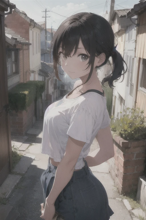 8k, highest quality, masterpiece, Wallpapers by Unity 8k, (One Girl) , 、1girl,、Flat Chest、Short T-shirt、under boob、from below, blue sky、Outdoor