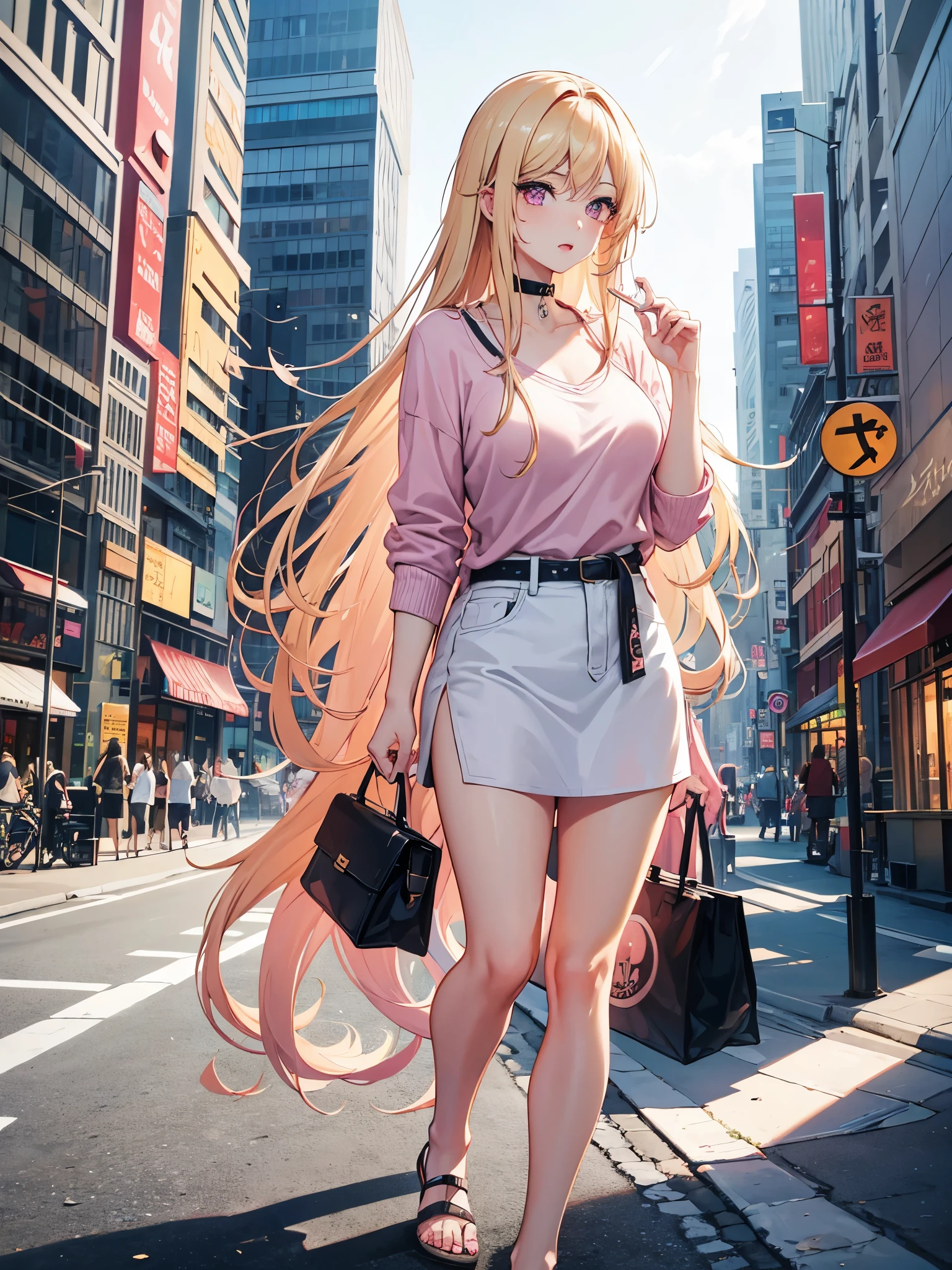 hiquality, tmasterpiece(One  Girl) blonde hair with two long ponytails and red bows on the ponytails, Cyan eyes, He furrowed his face with an evil smile, Pink T-shirt, panty, bare feet. Against the backdrop of street mourning for the city in the park. giantess. The city. building