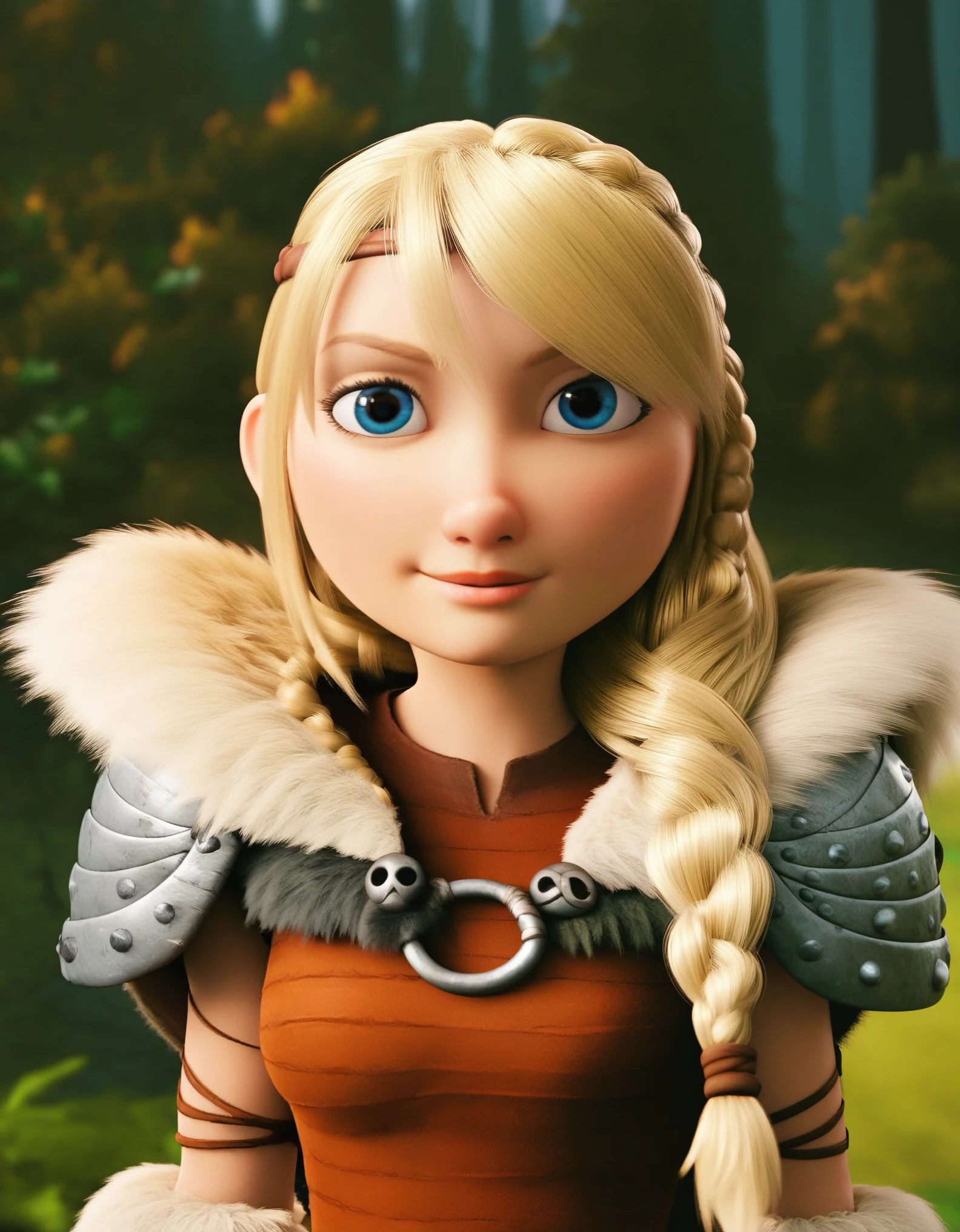 score_9, score_8_up, BREAK, ASTRIDHOFFERSON, 1girl, solo, blonde hair, braid, Long hair, blue eyes, fur trim, shoulder armor, armor, pauldron, depth of field, forest,