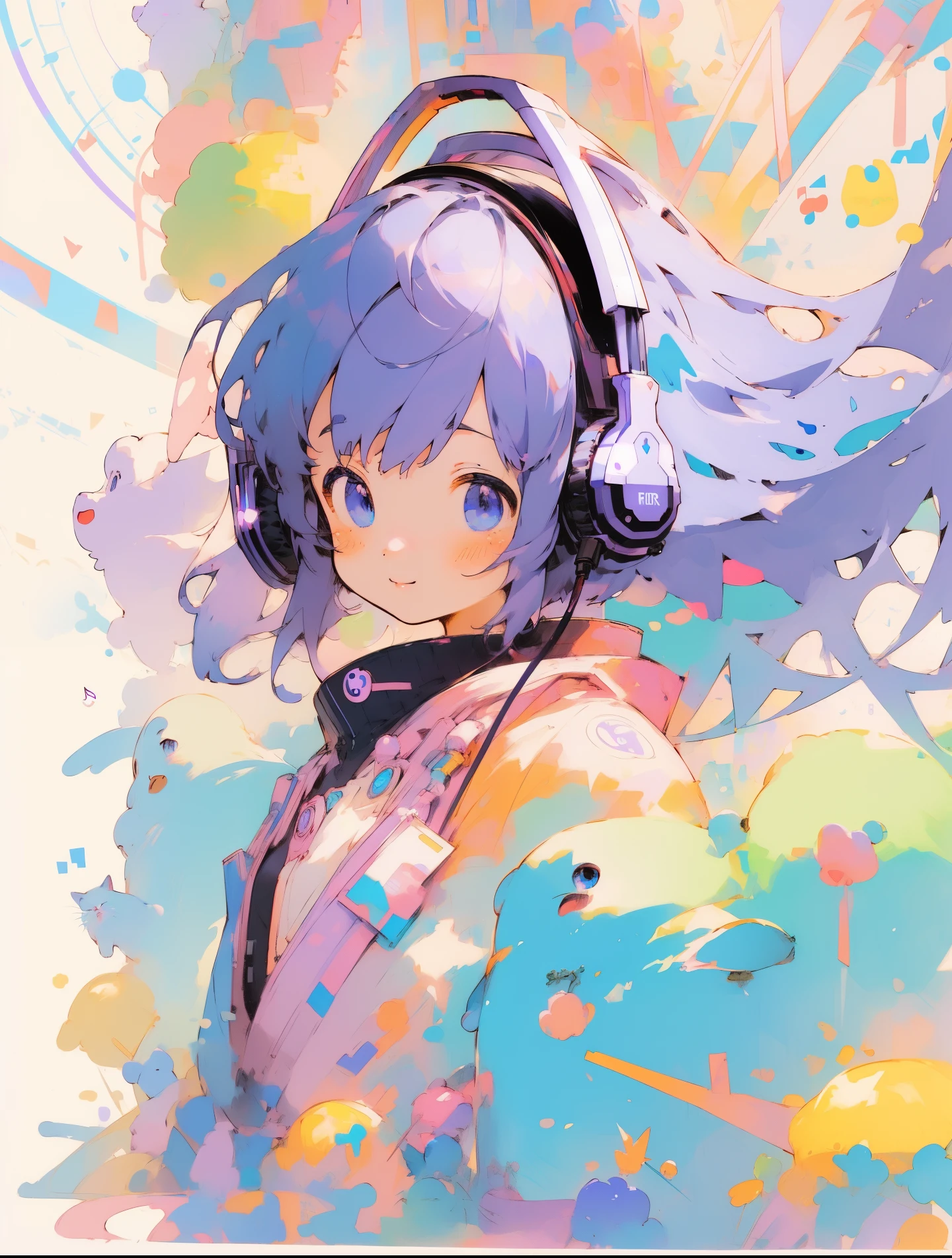 anime Kawaii
character、Cute Girls、One girl、
Big Mouth、Small Nose、Cat eyes covering half of the face、smile、
solo, One girl, , Shy, Illustration, chest,
Headphones, Headphones, Headphones,
A background completely filled with scattered musical notes in various sizes and colors, covering the entire screen.
High resolution, abstract, High resolution, Blue eyes, masterpiece, accurate, Anatomically correct, Winner of numerous awards, Highest quality, impressionism, Illustration, Super detailed, Super detailed、Face up、
image bear、
Purple Hair、