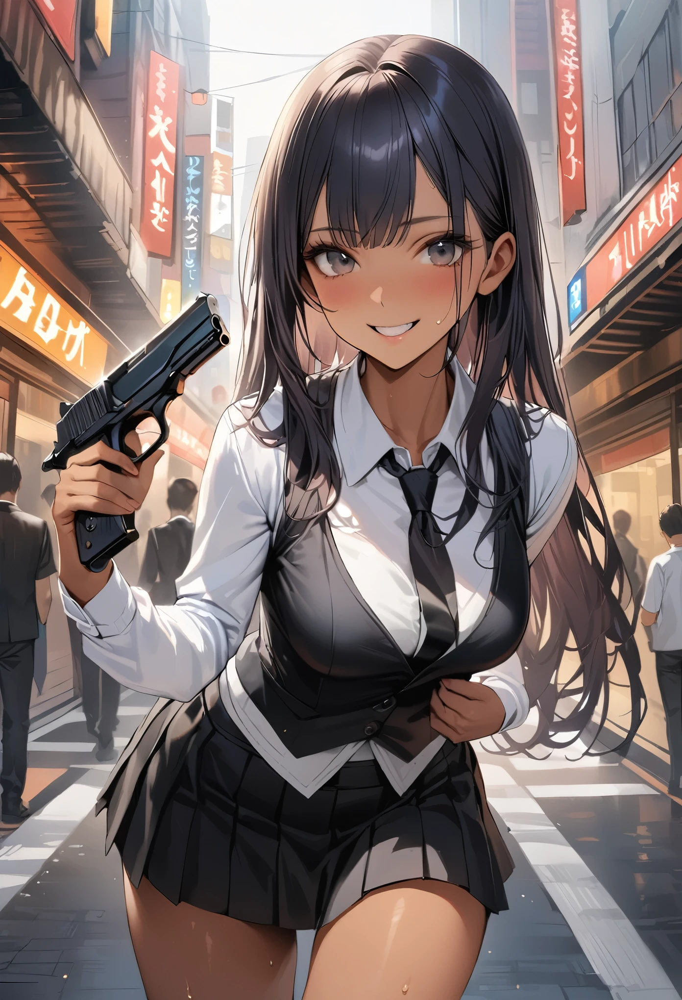 ((masterpiece,Highest quality:1.3,best quality illustration)),realistic,cowboy shot,1woman,(22 year old beauty),((very small head:1.4)),ideal ratio body proportions,dark blue hair,straight long hair,bangs,black eyes,gorgeous big eyes,smile,((tan skin,skinny)),(Black vest、Black tie、White collared shirt、Long sleeve、Black pleated mini skirt)),medium breasts,gleaming skin,slender body,sweat,A detailed depiction of a handgun in hand,on street,Shinjuku、Tokyo、