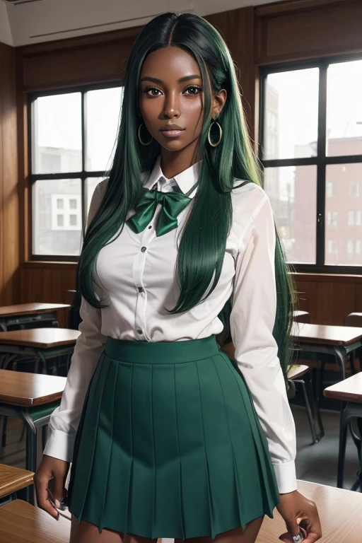 8K,(masutepiece, hight resolution, Best Quality:1.3), 8K, Highly detailed, Convoluted, colorful and vivid images, Sharp Focus, digital blending, 4K, Trending on pixiv Ingrid, ((School uniform)), Solo, 40 year old curve, (dark skinned female:1.1 tanned skin, Posing, crass room, The table, Chair, Warizari, (deadpan:1.2), Looking at Viewer, Cowboy Shot, Green hair, Very long hair, Ode, Hair intake, Green lipstick, makeup, mole under mouth, Perfect, perfect face, ultra-detailed hair, hyperdetailed face, earrings, hyperdetailed lips, large super detailed lipstick,超A high resolution,super realistic skin,