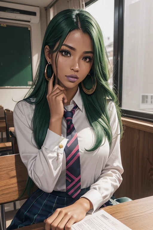 8K,(masutepiece, hight resolution, Best Quality:1.3), 8K, Highly detailed, Convoluted, colorful and vivid images, Sharp Focus, digital blending, 4K, Trending on pixiv Ingrid, ((School uniform)), Solo, 40 year old curve, (dark skinned female:1.1 tanned skin, Posing, crass room, The table, Chair, Warizari, (deadpan:1.2), Looking at Viewer, Cowboy Shot, Green hair, Very long hair, Ode, Hair intake, Green lipstick, makeup, mole under mouth, Perfect, perfect face, ultra-detailed hair, hyperdetailed face, earrings, hyperdetailed lips, large super detailed lipstick,超A high resolution,super realistic skin,