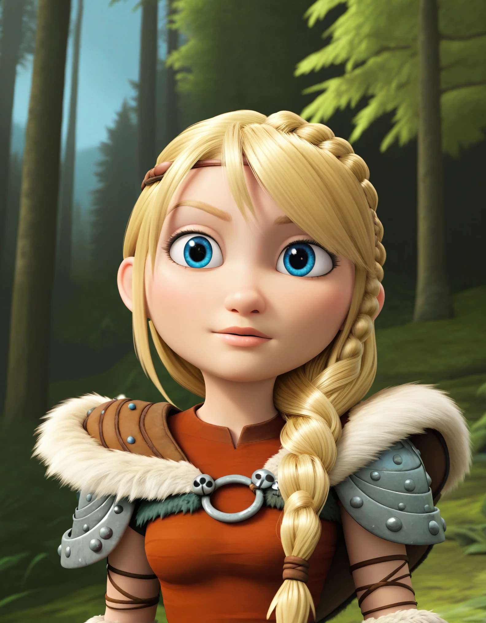 score_9, score_8_up, BREAK, ASTRIDHOFFERSON, 1girl, solo, blonde hair, braid, Long hair, blue eyes, fur trim, shoulder armor, armor, pauldron, depth of field, forest,