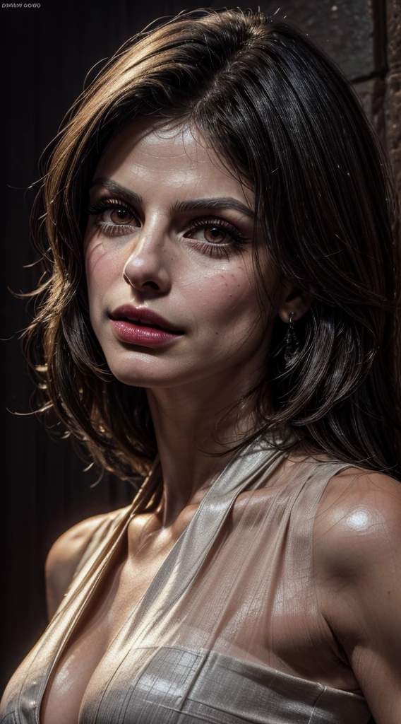Close up, (Morena Baccarin, detailedeyes, curved eyelashes, sensual mouth with deep details, highly detailed kinetic face, highly detailed skin with depths, long hair, perfection), ultra-realistic image, perfect symmetry, vibrant and clear, dynamic view, high level of detail and definition, 1200 PPI - Photographic resolution with greater color realism, hyperrealisti, high fidelity, cinematic, 8K UHD image resolution.