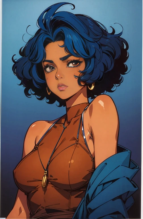 (best quality:1.1),original,1girl,chic,trendy,short afro hair, dark skin, makeup, 1970's, blue hair, brown eyes, anime style, niji, looking at the viewer sad