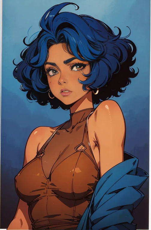 (best quality:1.1),original,1girl,chic,trendy,short afro hair, dark skin, makeup, 1970's, blue hair, brown eyes, anime style, niji, looking at the viewer sad