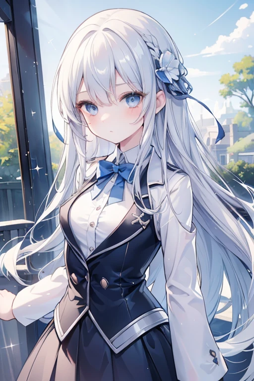 solo girl, 16 years old, upper body,standing,long hair,hair flowing with wind, looking at viewer, silver hair, blue eyes, sparkle eyes, blush, small bosom, , blazer, blue sky,tree,insanely detailed, absurdres, ultra-highres, ultra-detailed, best quality
,slender, kawaii, perfect symmetrical face, ultra cute girl, ultra cute face, ultra detailed eyes, ultra detailed hair, ultra cute, ultra beautiful