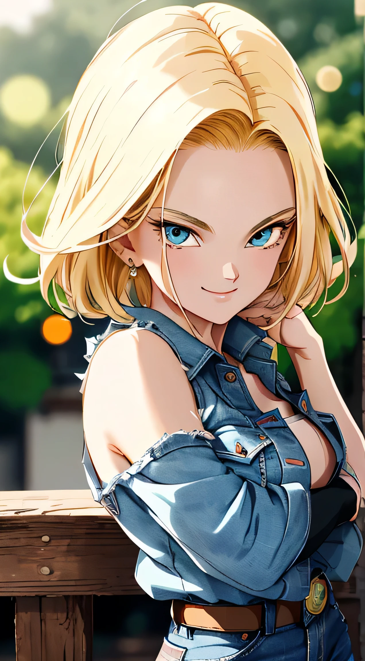 Beautiful portrait Android18DB, ( upper body closeup photo ), ( bokeh effect ), (cowboy shot), very seductive, seductively pose, smiling, fluffly, muito fluffly, ultra high definition, master part, ultra high-quality, ultra detailing, 8k, Big , topless , blue denim skirt showing pussy