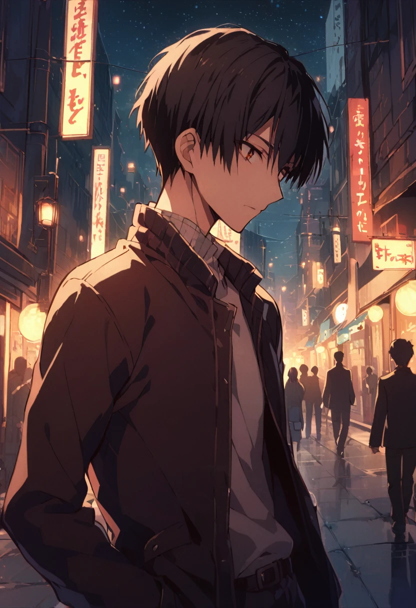 good looking, alone, 1 male, High resolution, Super detailed、short hair、Early 20s、Black Hair、tall、Calm atmosphere、Intellectual atmosphere、Mysterious atmosphere、In town、Looks good at night、Jacket、Casual clothing