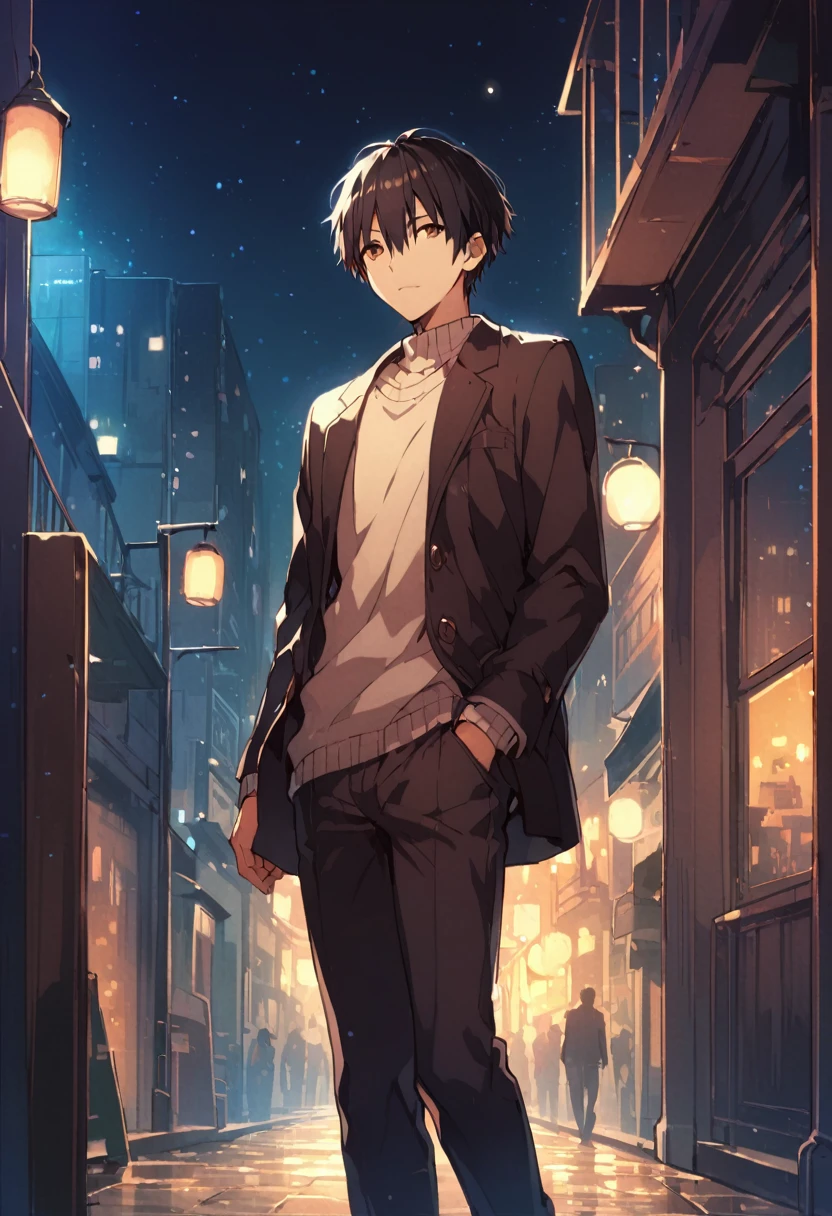 good looking, alone, 1 male, High resolution, Super detailed、short hair、Early 20s、Black Hair、tall、Calm atmosphere、Intellectual atmosphere、Mysterious atmosphere、In town、Looks good at night、Jacket、Casual clothing