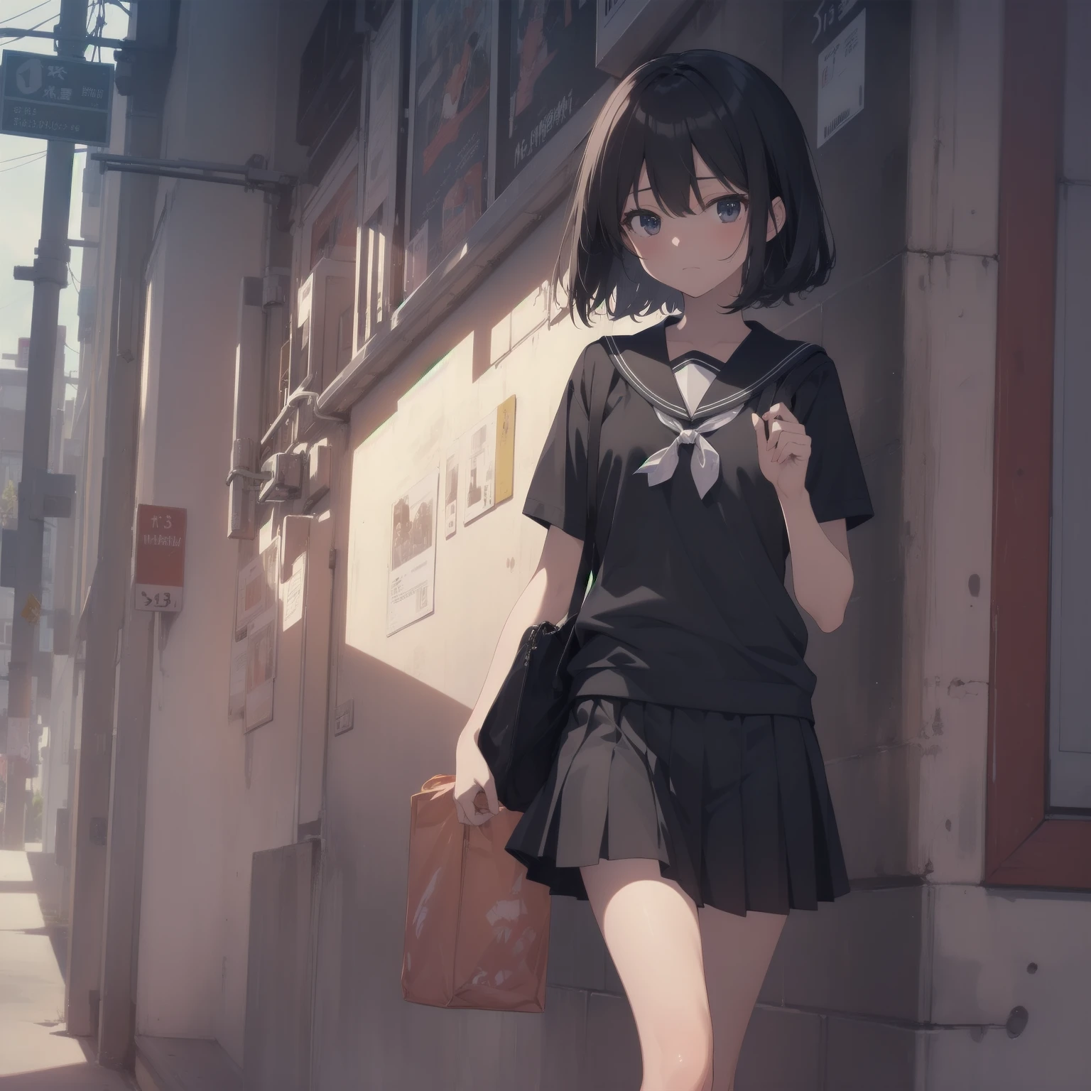 ultra-absurdres-Top quality by artist God, ultra-detailed, high resolution, anime moe artstyle, best anime 8k konachan wallpaper, pixiv contest winner, pool:2810, perfect anatomy,break, 1girl, (Please draw a girl walking sleepily to school alone. )break,(Solo,little female, 13-year-old:1.3),Full limbs, complete fingers,a junior high school student, (very short hair), short cut, flat chest, , small butt, small black eyes, beautiful detailed eyes, well-proportioned iris and pupils, expressive eyes, highres detailed hair, soft expression, salor school_uniform, sailor collar, serahuku, bow, pleated skirt,(Detailed Lighting), (Detailed background), in the School commute route. break,super detailed skin, Best cinematic lighting powered by famous artist, 8k,beauty illustration,photoshop_(medium),very aesthetic,break,((artist:zen_(kamuro) )), artist:clamp ,artist:carnelian ,artist:kantoku ,
