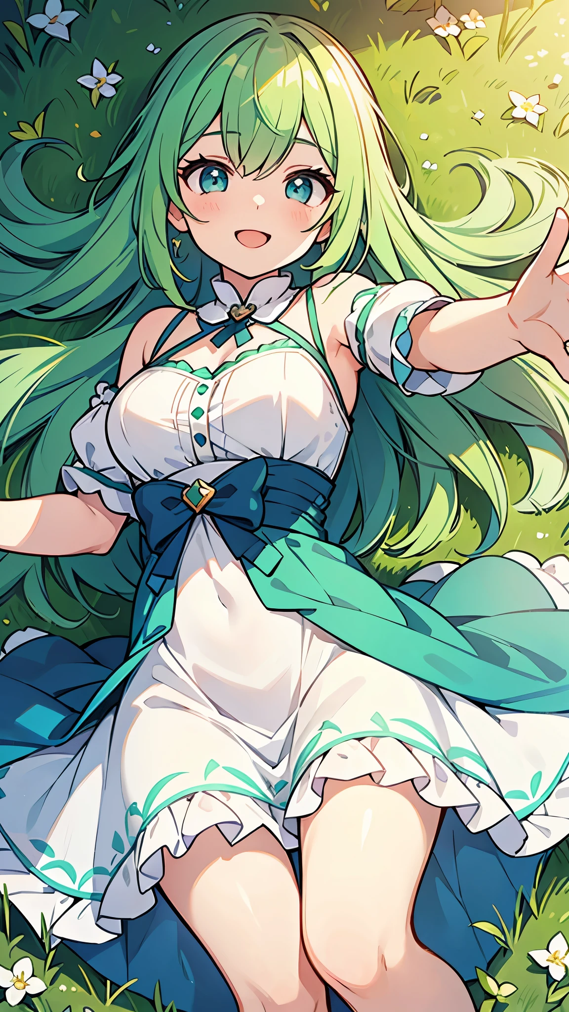 ((A Pretty girl with green hair and blue eyes lying on the grass field)), ((wearing the white one-piece dress)), outstretched both arms, reaching out both hands to viewer, Baby face, ((top-quality, master piece, ultra-definition, high resolution)), anime girl, ((ultra-detailed illust:1.2)), only one person, bangs, hair between eye, beautiful hair, Shiny eyes, medium breasts, Big smile, opened mouth