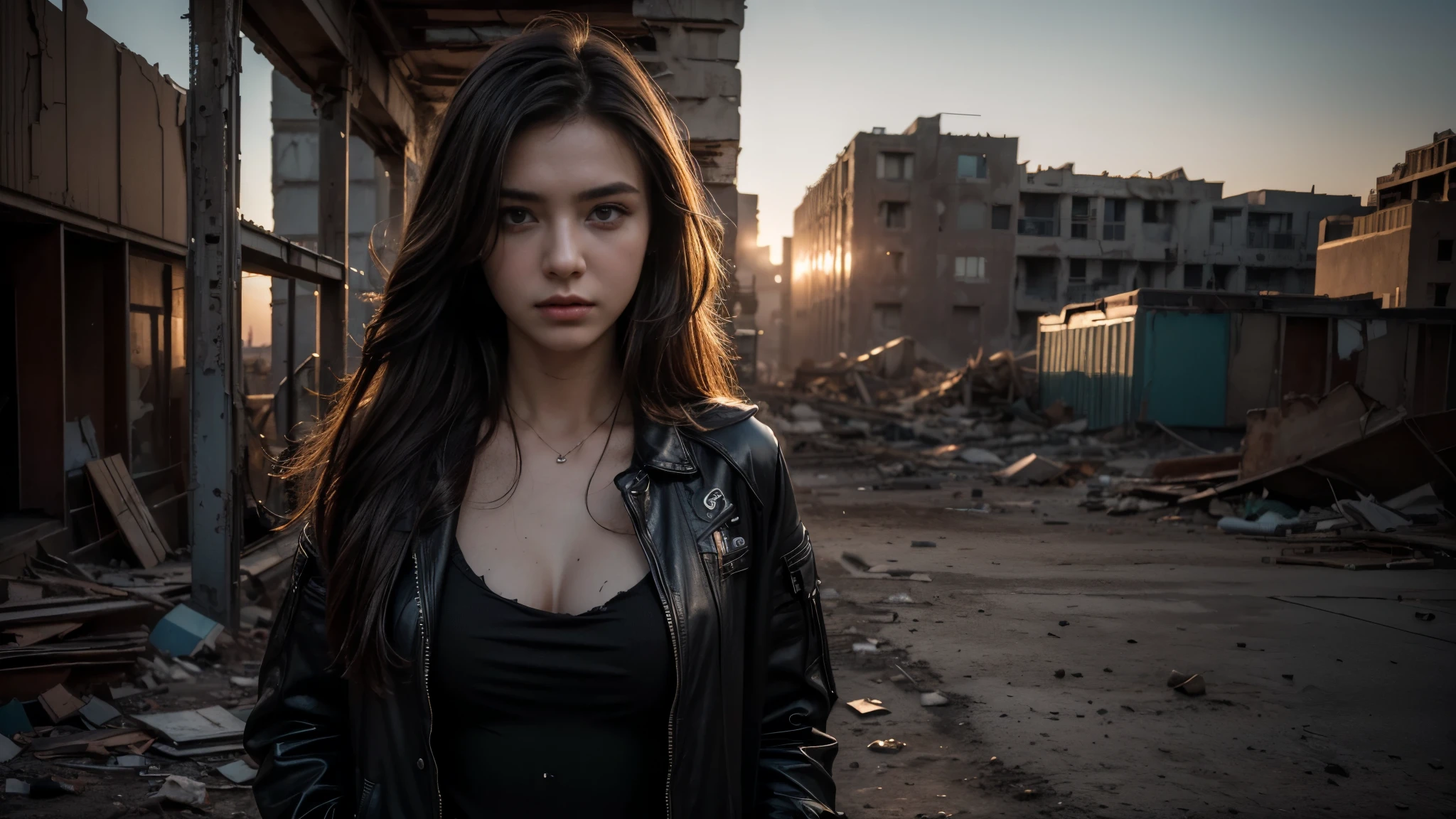 ((masterpiece, best quality, Highest image quality, high resolution, Reality, RAW photos, 8K)), Future city ruins,The post-nuclear world,desert,Beautiful girl,Broken clothes,Pretty face,dirty,Closed mouth,dramatic,Mid-range portrait,dusk